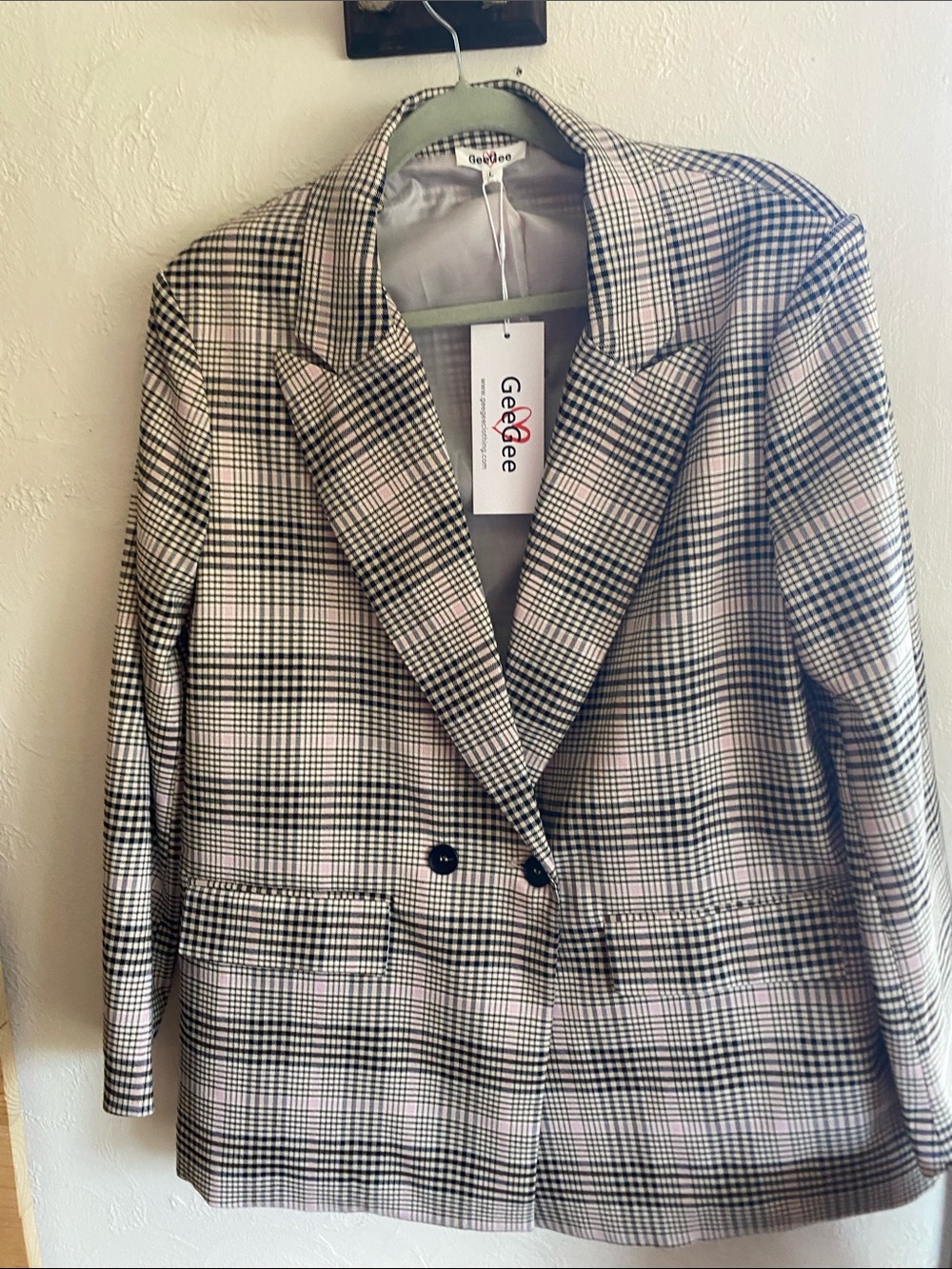 GeeGee Plaid Double-Breasted Blazer in Beige and Black